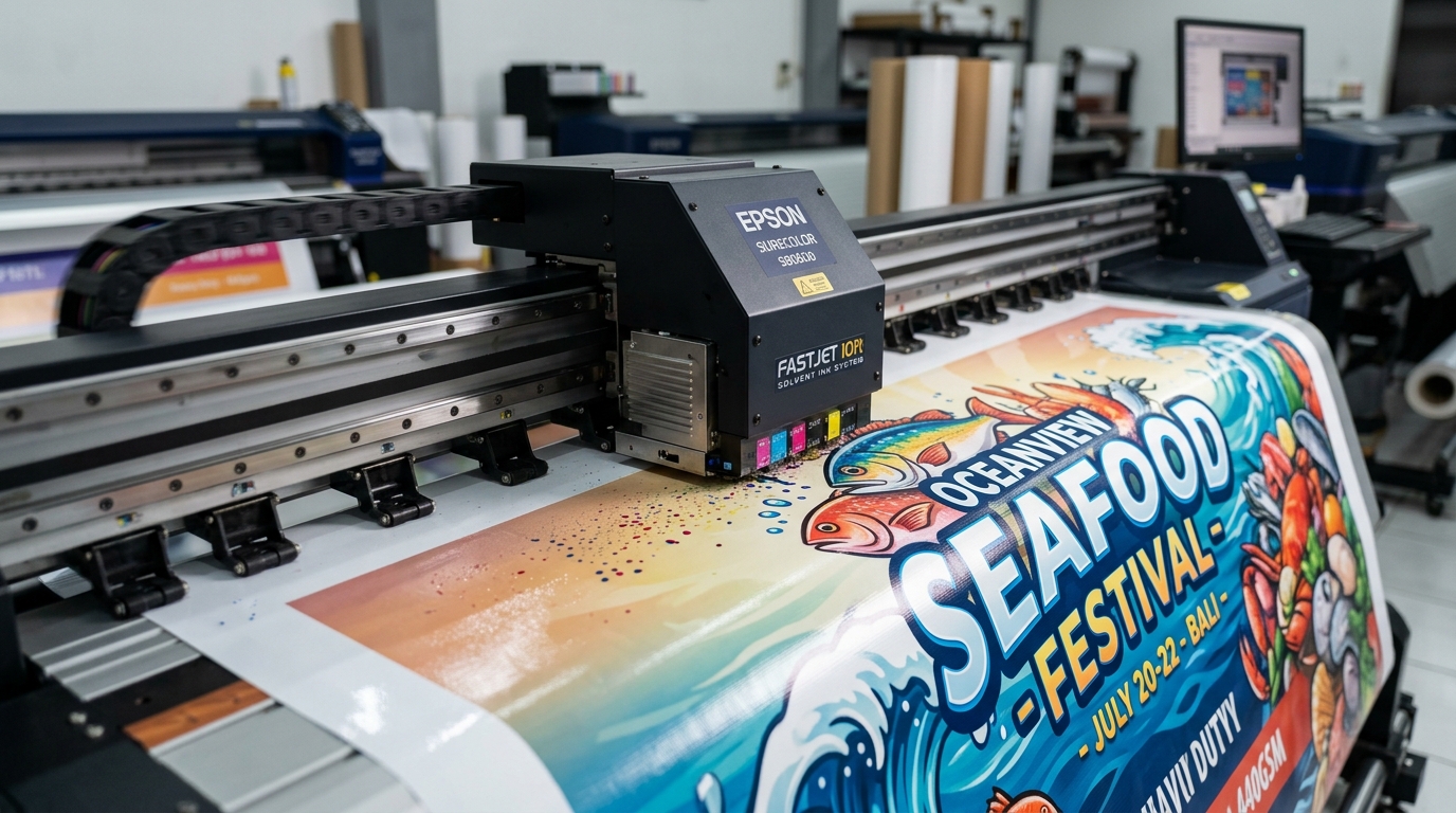 Proses cetak spanduk banner flexi menggunakan mesin plotter outdoor