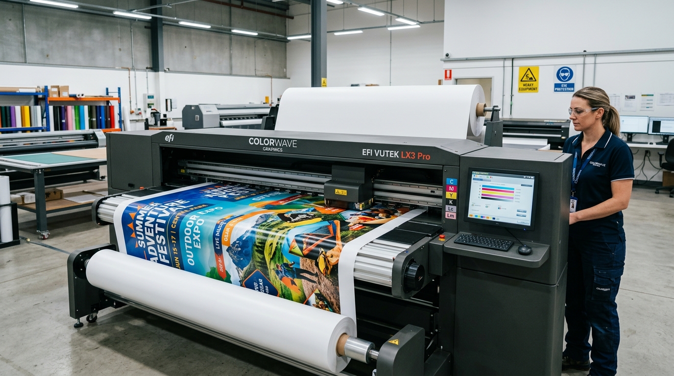 Mesin cetak banner digital printing resolusi tinggi mencetak spanduk outdoor di Snaprint Bekasi
