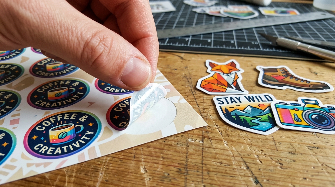 Peragaan mengelupas stiker vinyl kiss-cut lembaran dan stiker die-cut satuan kemasan produk