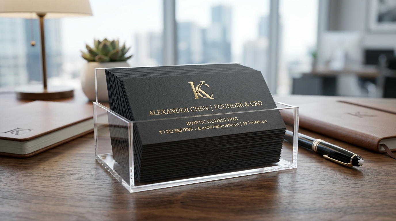 Tumpukan kartu nama bisnis eksklusif art carton 260g dengan box mika transparan di Snaprint