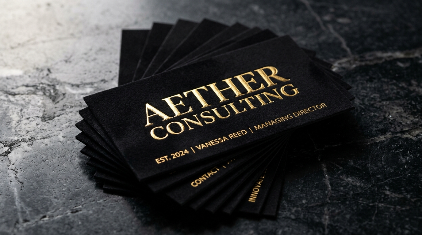 Kartu nama eksekutif dengan finishing hot print gold foil dan laminasi doff
