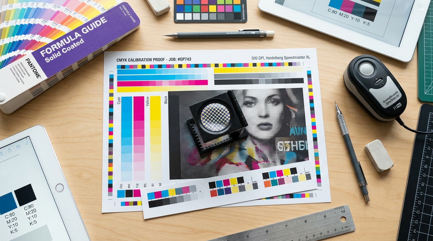 Panduan kalibrasi warna CMYK dan loupe kaca pembesar memeriksa ketajaman titik cetak 300 DPI